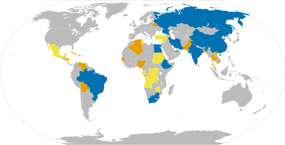 Mapa de la relación de los países con los BRICS
LEYENDA DEL MAPA:Azul: Estados miembrosNaranja: Países solicitantesAmarillo: Han expresado interés en unirseVerde azulado: Rechazaron la invitación a unirse